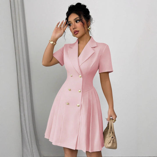 Damen elegantes A-Linien Kleid mit doppelter Knopfleiste und plissiertem Rock R&B