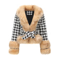 Damen Hochwertige Winterjacke mit auffälligem Hahnentritt und faux Pelzkragen