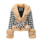 Damen Hochwertige Winterjacke mit auffälligem Hahnentritt und faux Pelzkragen