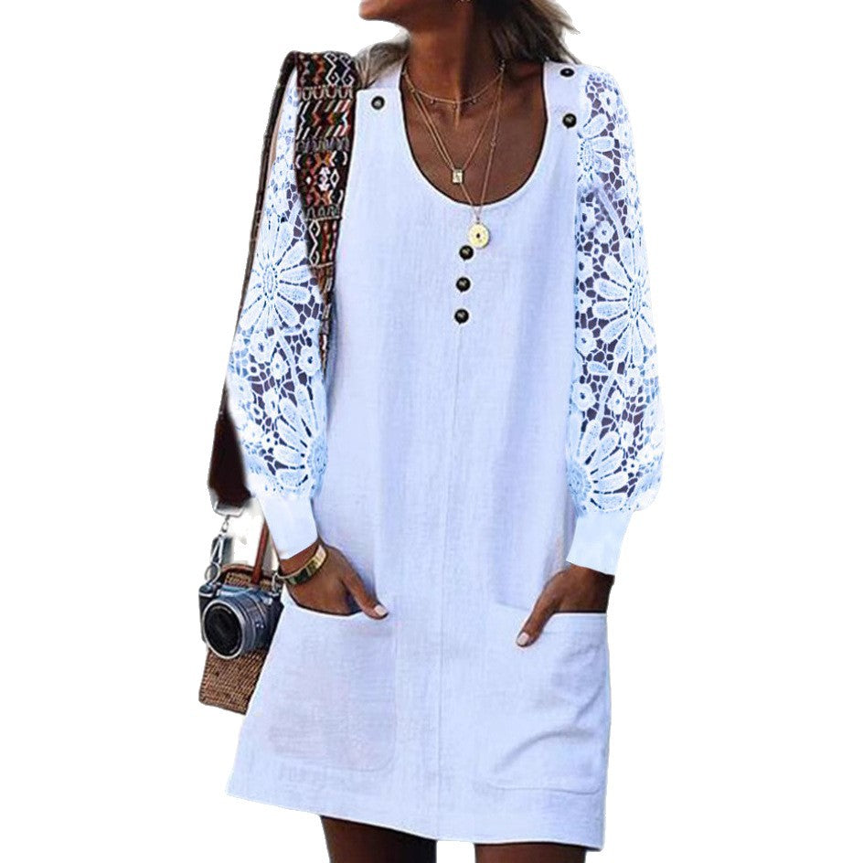 Damen Sommerkleid mit eleganten Spitzenärmeln und praktischen Taschen Heidi-Mode