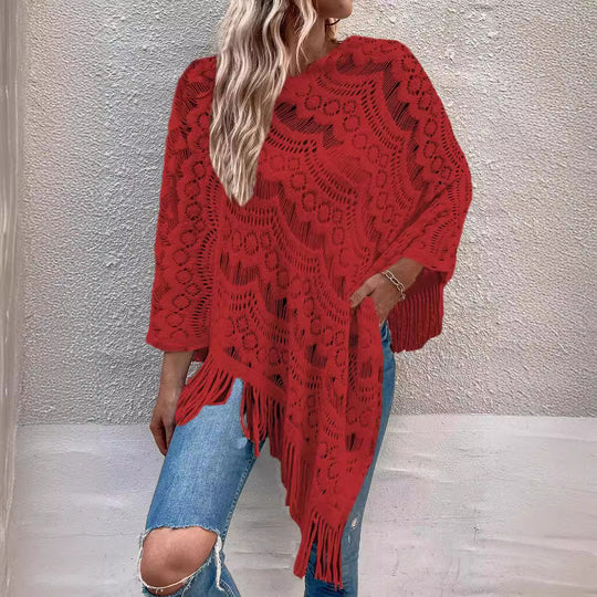 Damen Strickponcho mit auffälligem Häkelmuster und modischen Fransen R&B
