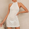 Damen Häkel-Strandkleid mit hohem Kragen und raffinierten Netzdetails EB