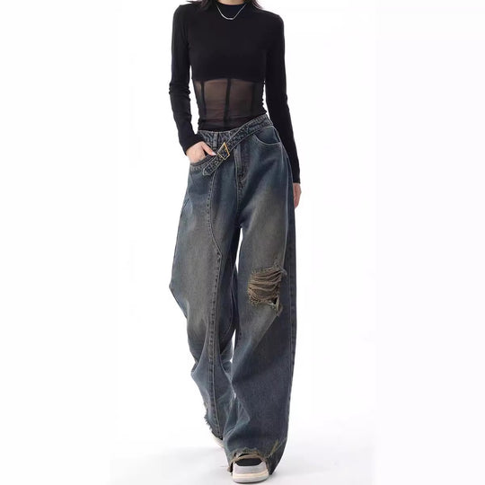 Damen Weite High-Waist Jeans im lässigen Used-Look mit modischen Rissen R&B