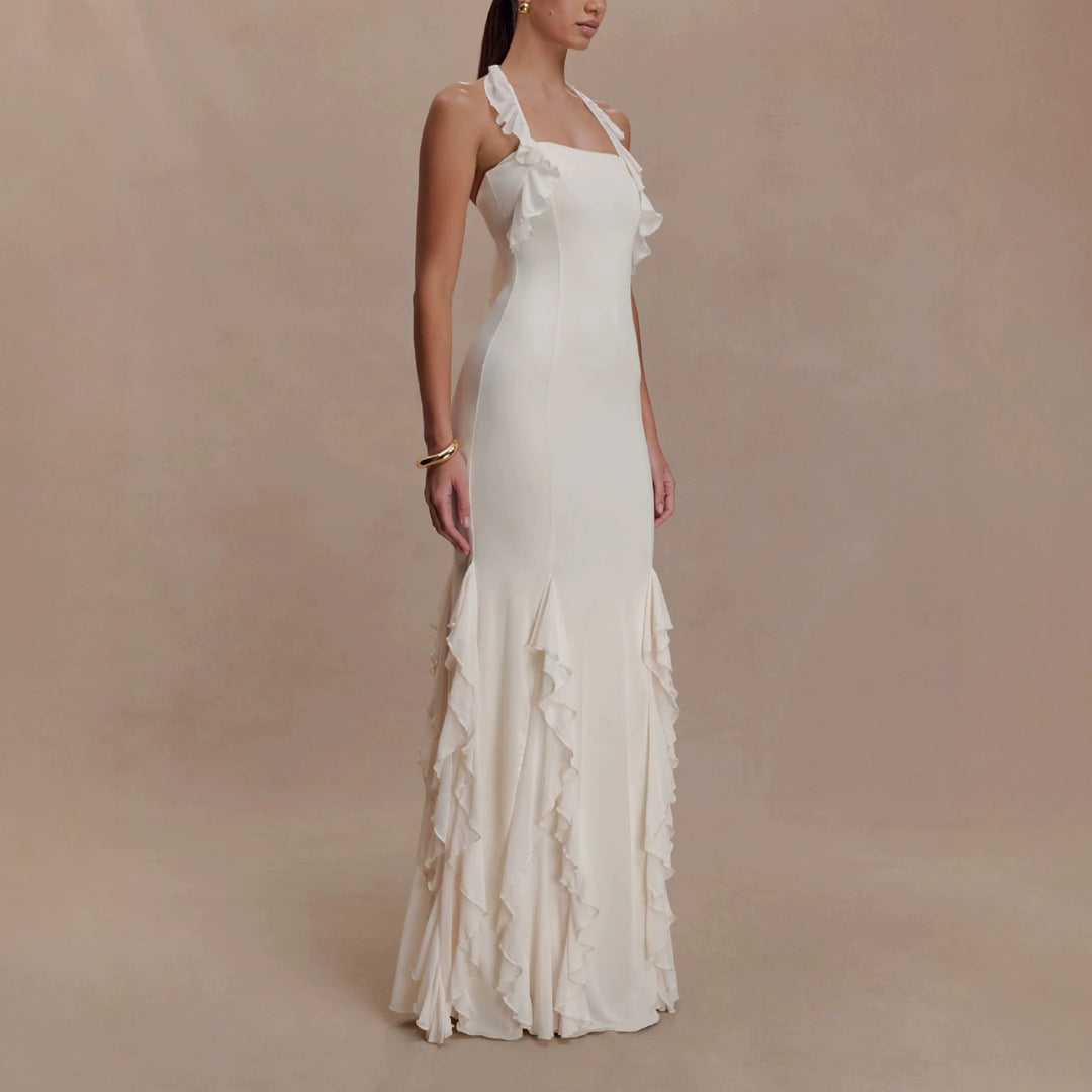 Damen Elegantes Langarm-Maxikleid mit Rüschendetails R&B