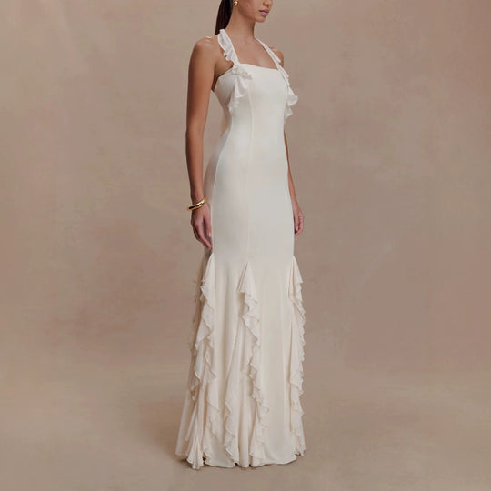 Damen Elegantes Langarm-Maxikleid mit Rüschendetails R&B