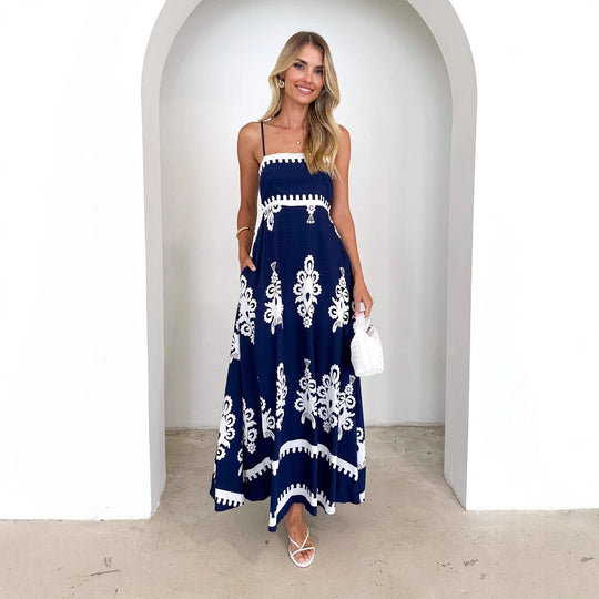 Damen Maxikleid mit floralem Muster und schwingendem Rock R&B