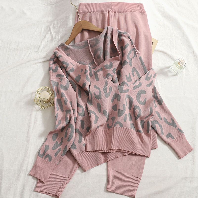 Damen lässiges Hoodie- und Jogginganzug-Set mit Leopardenmuster R&B