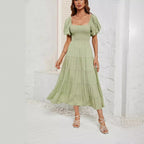 Damen Maxikleid mit Puffärmeln und elastischem Oberteil R&B