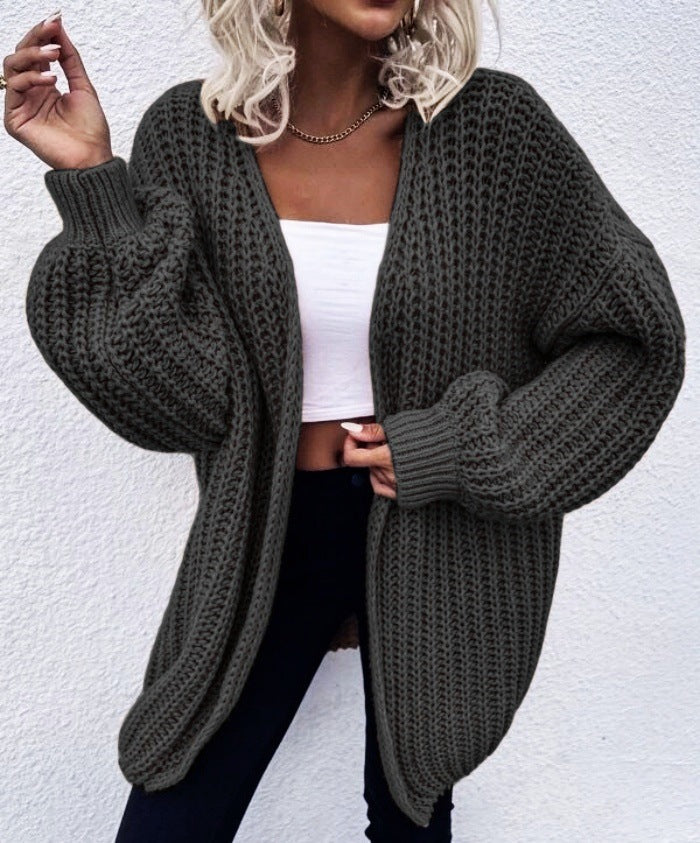 Damen lässiger Grobstrick-Cardigan mit tiefen Taschen und voluminösen Ärmeln R&B