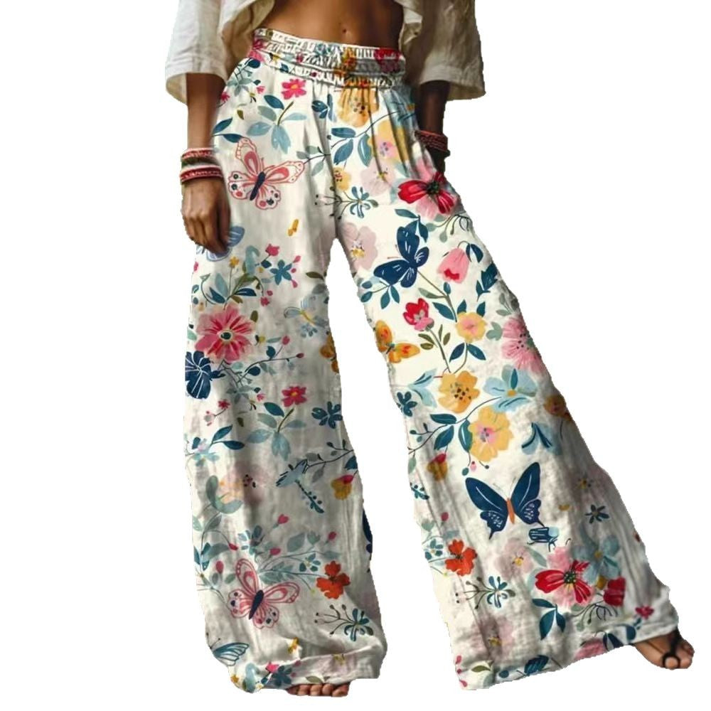 Damen Weite Sommerhose mit buntem Blumen- und Schmetterlingsprint R&B