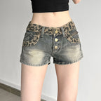 Damen Kurze Jeansshorts mit Leopardenmuster und gerafftem Bund R&B