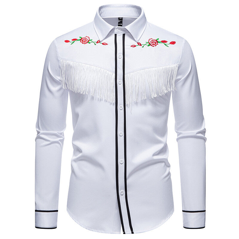Herren elegante Westernbluse mit Fransen und bestickten Motiven