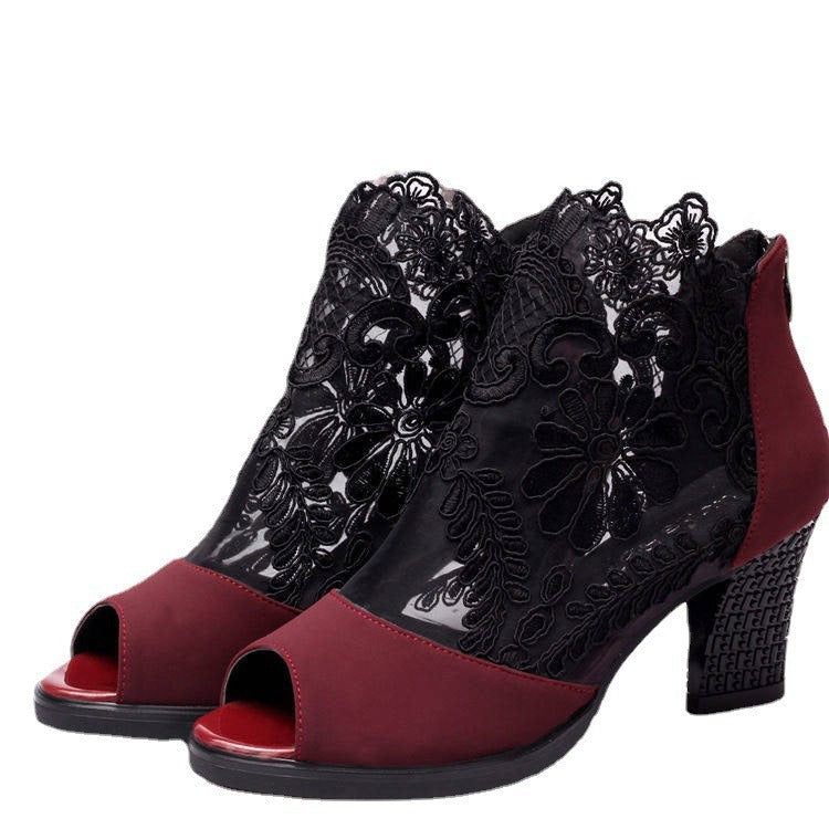 Damen Offene Absatzsandalen mit eleganter Häkelspitze und bequemem Blockabsatz R&B