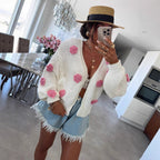 Damen gemütlicher Strickcardigan mit verspielten Blumenapplikationen R&B