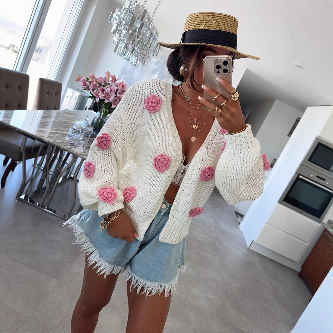 Damen gemütlicher Strickcardigan mit verspielten Blumenapplikationen R&B