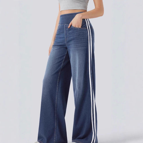 Damen weite Denim-Hose mit seitlichem Streifen und hohem Bund R&B