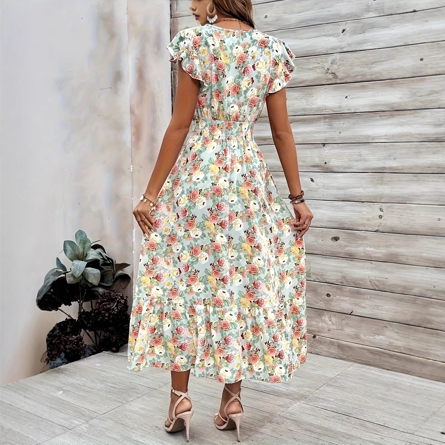 Damen Maxikleid mit fließendem Schnitt und Rüschen R&B
