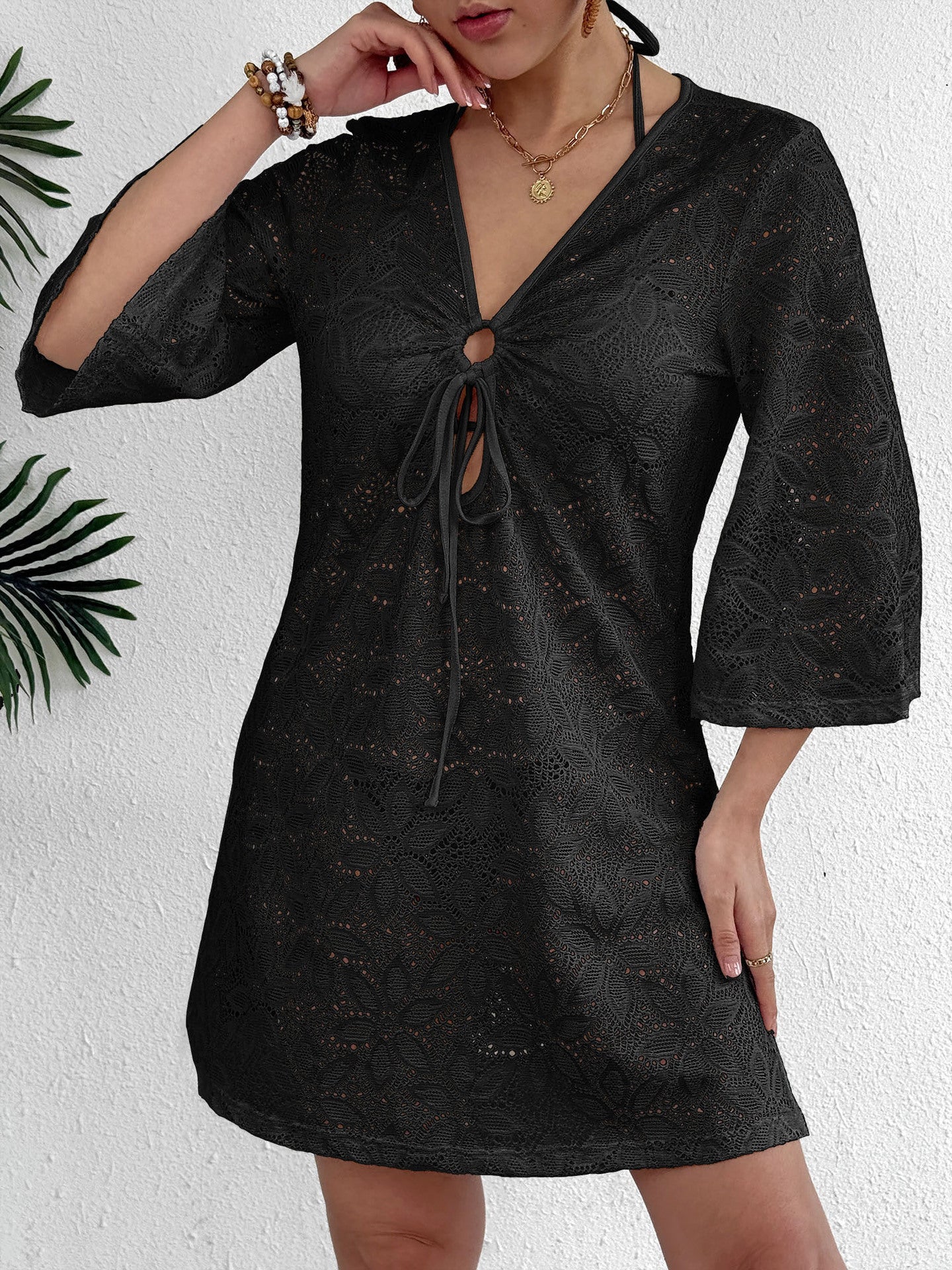 Damen Häkel-Strandkleid mit tiefem V-Ausschnitt R&B