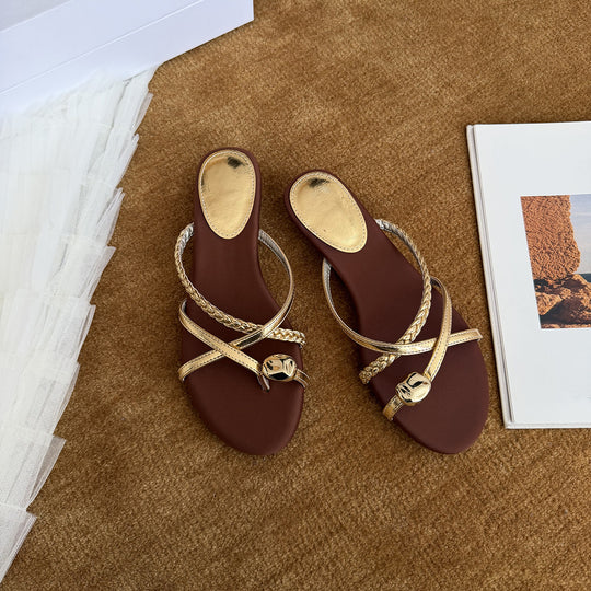 Damen Elegante und komfortable Zehentrenner-Sandalen mit geflochtenem Riemendesign R&B