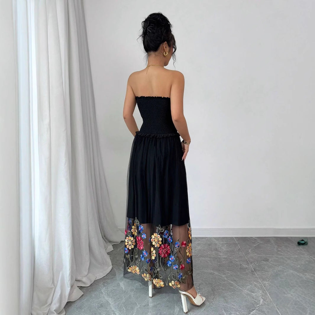 Damen Off-Shoulder Maxikleid mit floralem Stickereinsatz und transparenter Schätzung R&B
