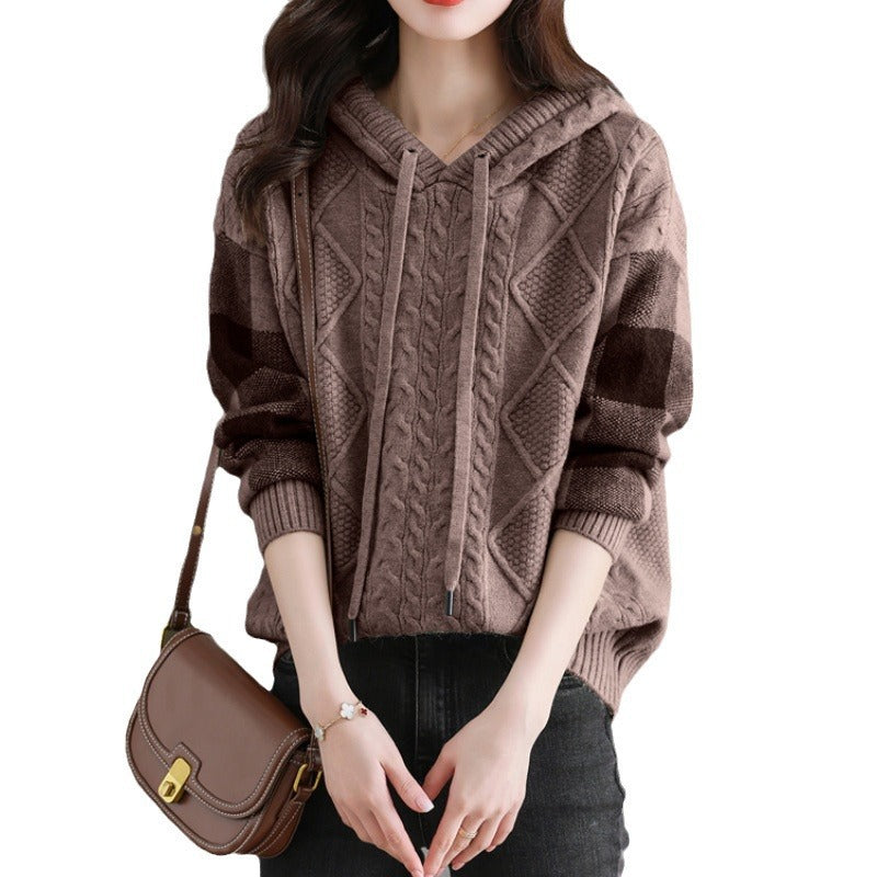 Damen Strickpullover mit Kapuze und modischem Karomuster R&B