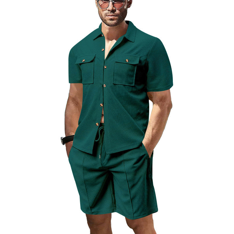 Herren nan modernes Kurzarm-Hemden-Set im Resortstil mit aufgesetzten Pattentaschen, offenem Reverskragen und Kordelzug-Bermuda aus Strukturjersey R&B