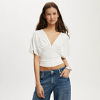 Damen elegantes Wickeloberteil mit voluminösenÄrmeln und tiefem V-Ausschnitt R&B