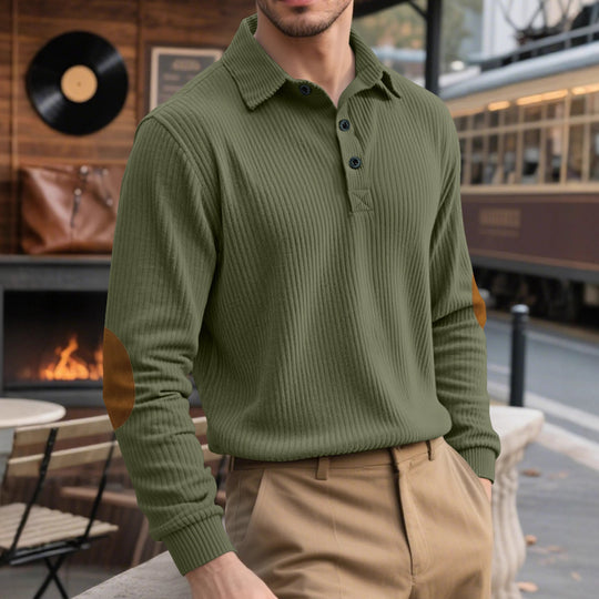 Herren nan gerippter Freizeit-Polo mit Kentkragen, kurzer Knopfleiste und Velours-Ellenbogenpatch R&B