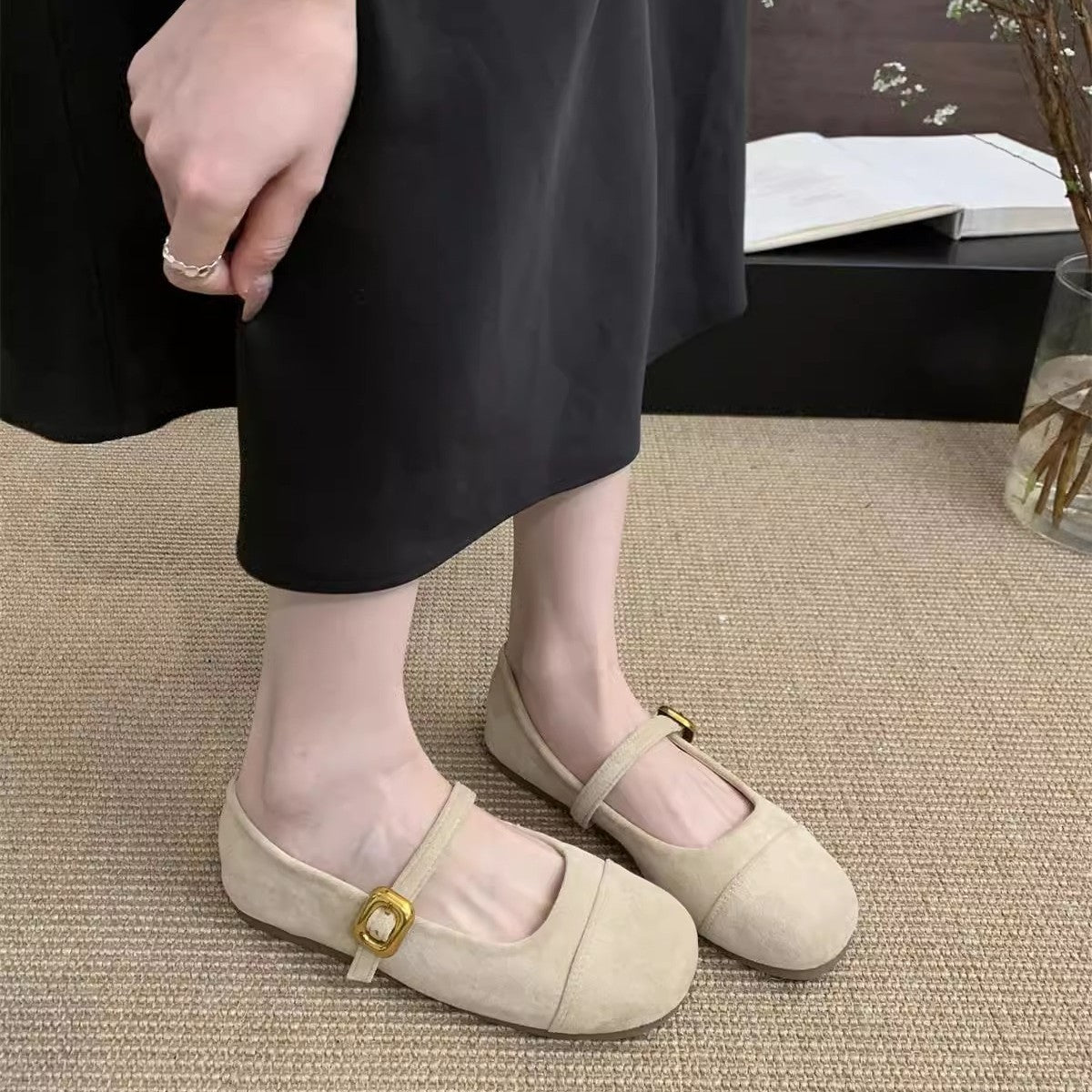 Damen Ballerinas mit modischem Riemchen und goldener Schnalle R&B