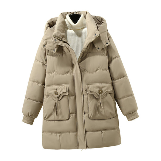 Damen Lange Pufferjacke mit praktischem Kapuzenkragen und großen Taschen R&B