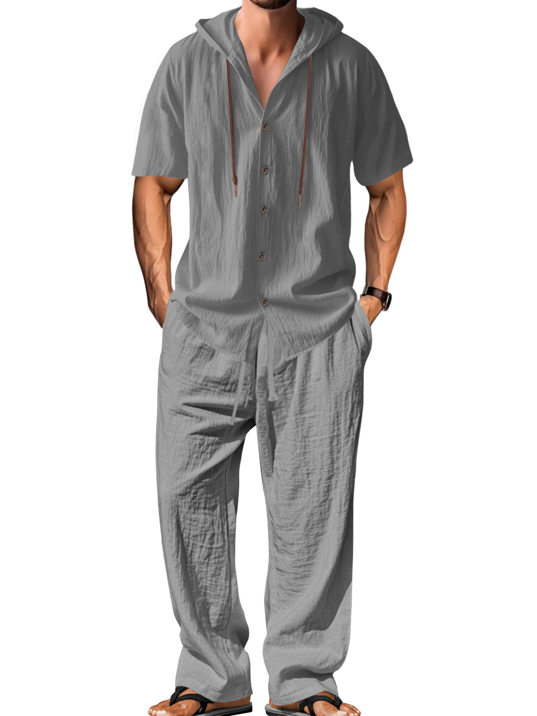 Herren nan luftiges Leinen-Lounge-Set mit kurzärmeligem Kapuzenhemd und gerader Relaxhose R&B