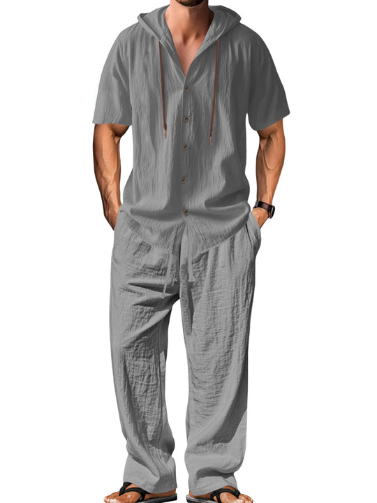 Herren nan luftiges Leinen-Lounge-Set mit kurzärmeligem Kapuzenhemd und gerader Relaxhose R&B