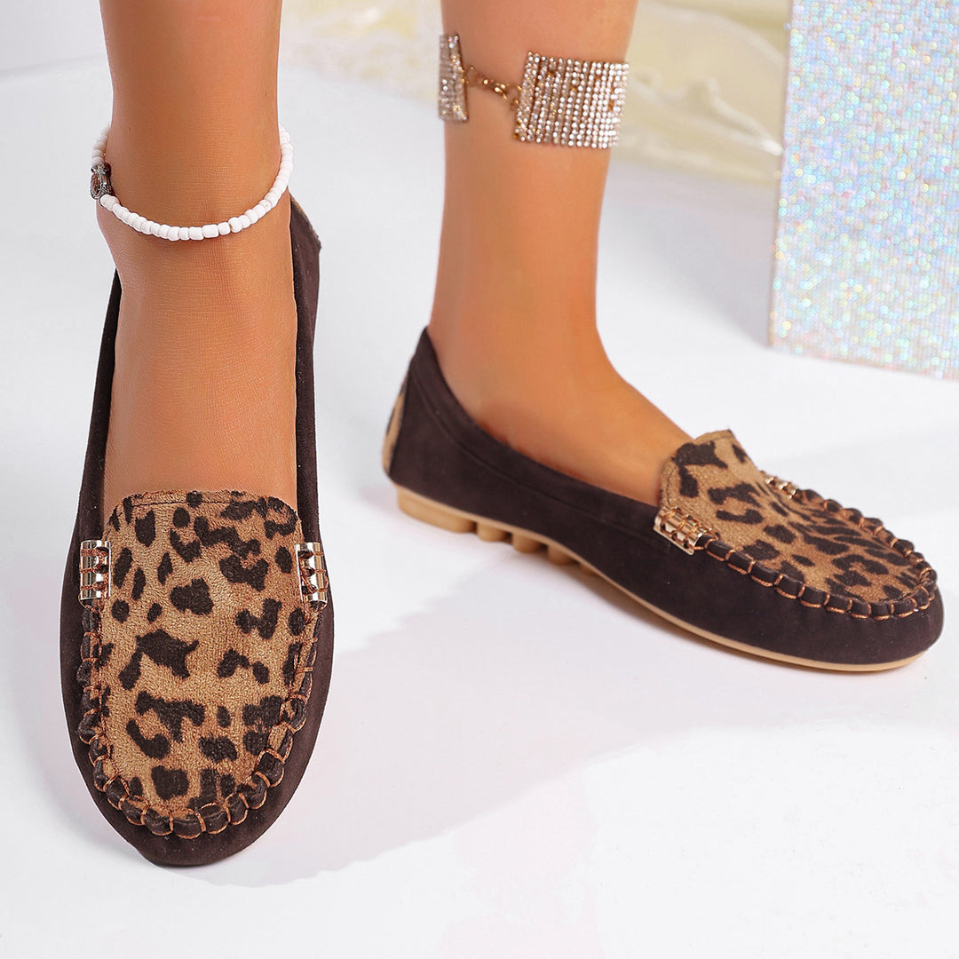 Damen nan Mokassin-Loafer mit Leopardenmuster, dekorativer Ziernaht und flexibler Noppenlaufsohle R&B