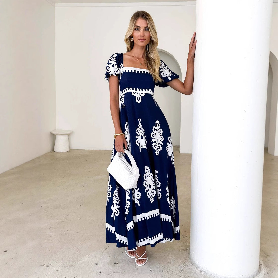 Damen Maxikleid mit elegantem quadratischen Ausschnitt und verspielten Puffärmeln R&B