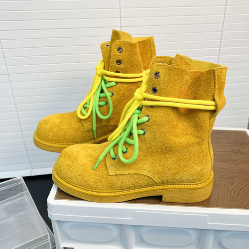 Damen modische Wildleder-Boots mit neonfarbenen Schnürsenkeln und robustem Profil R&B