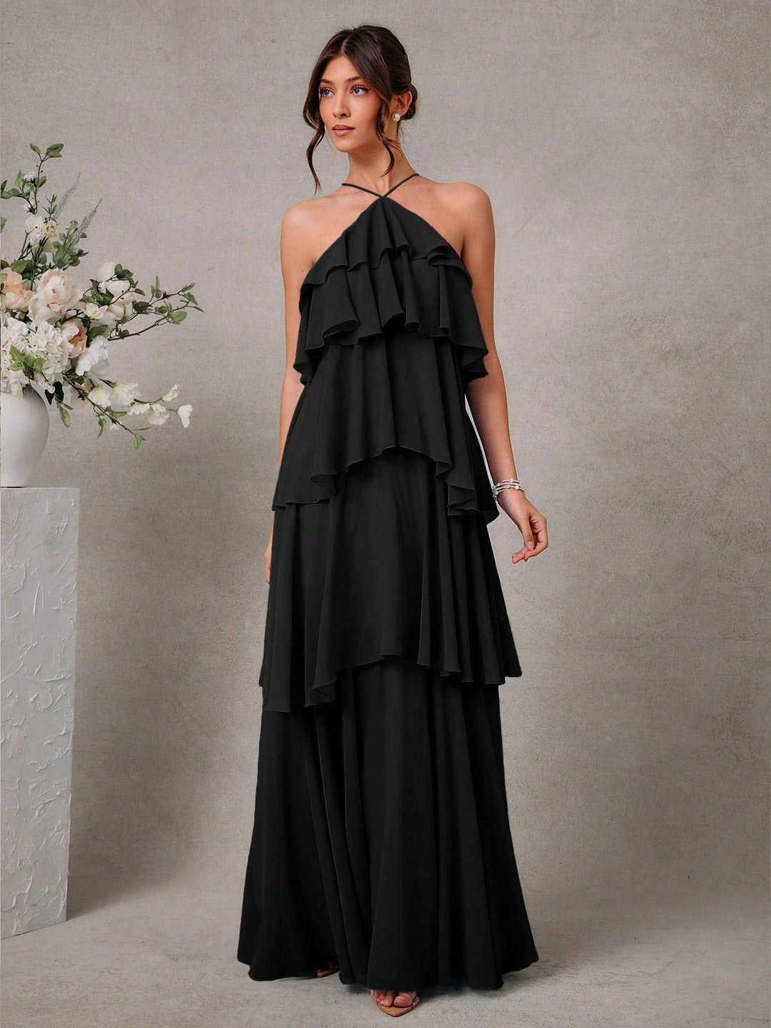 Damen Maxikleid mit voluminösen Rüschendetails und elegantem V-Ausschnitt R&B