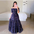 Damen Boho Maxikleid mit bezauberndem Mond- und Sternen-Motiv R&B