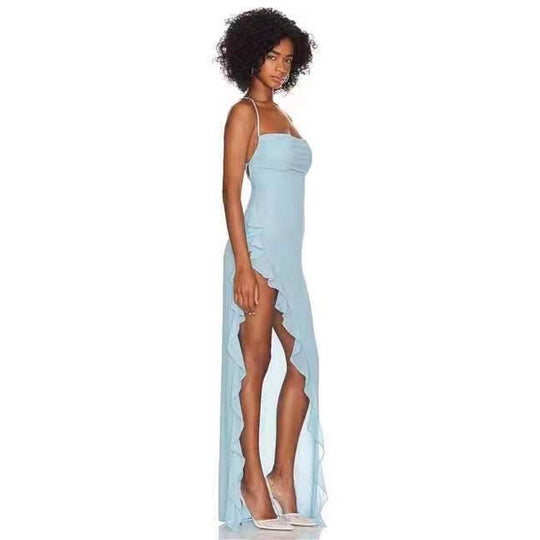 Damen elegantes Maxi-Kleid mit verführerischem Scherenschnitt und trägerlosem Design R&B