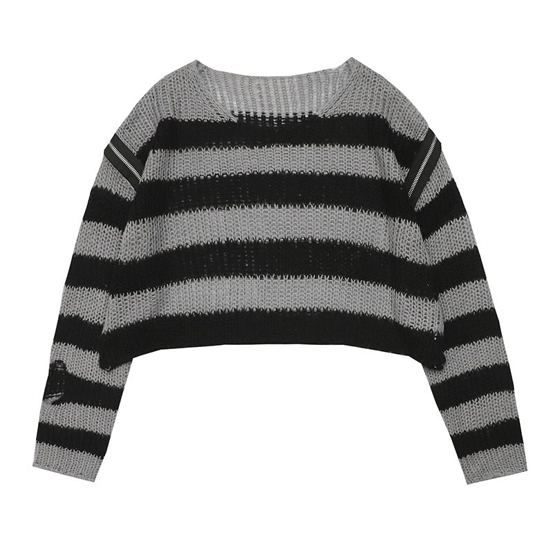 Damen lässiger Cropped Strickpullover mit Streifenmuster R&B