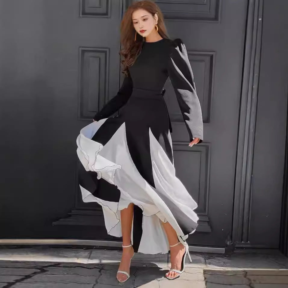 Damen Elegantes Langarmkleid mit Puffärmeln und Fließendem Saum R&B
