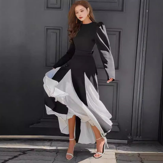 Damen Elegantes Langarmkleid mit Puffärmeln und Fließendem Saum R&B