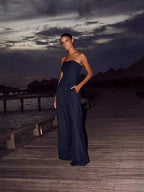 Damen trägerloser Jumpsuit mit weitem Bein und seitlichen Taschen R&B