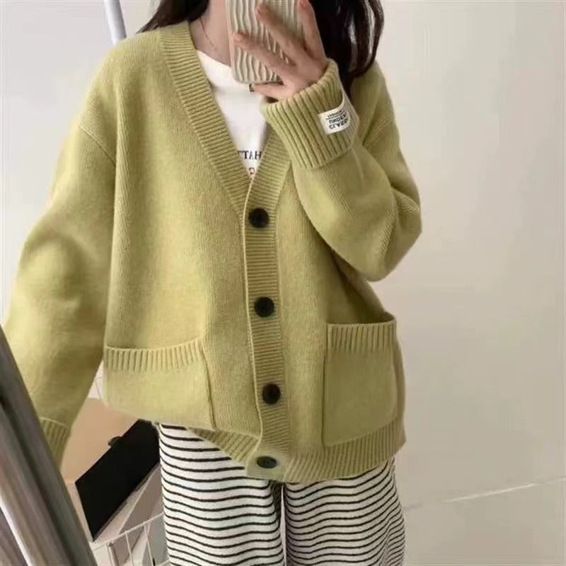 Damen Grob gestrickter Cardigan mit großen Taschen und tiefem V-Ausschnitt
