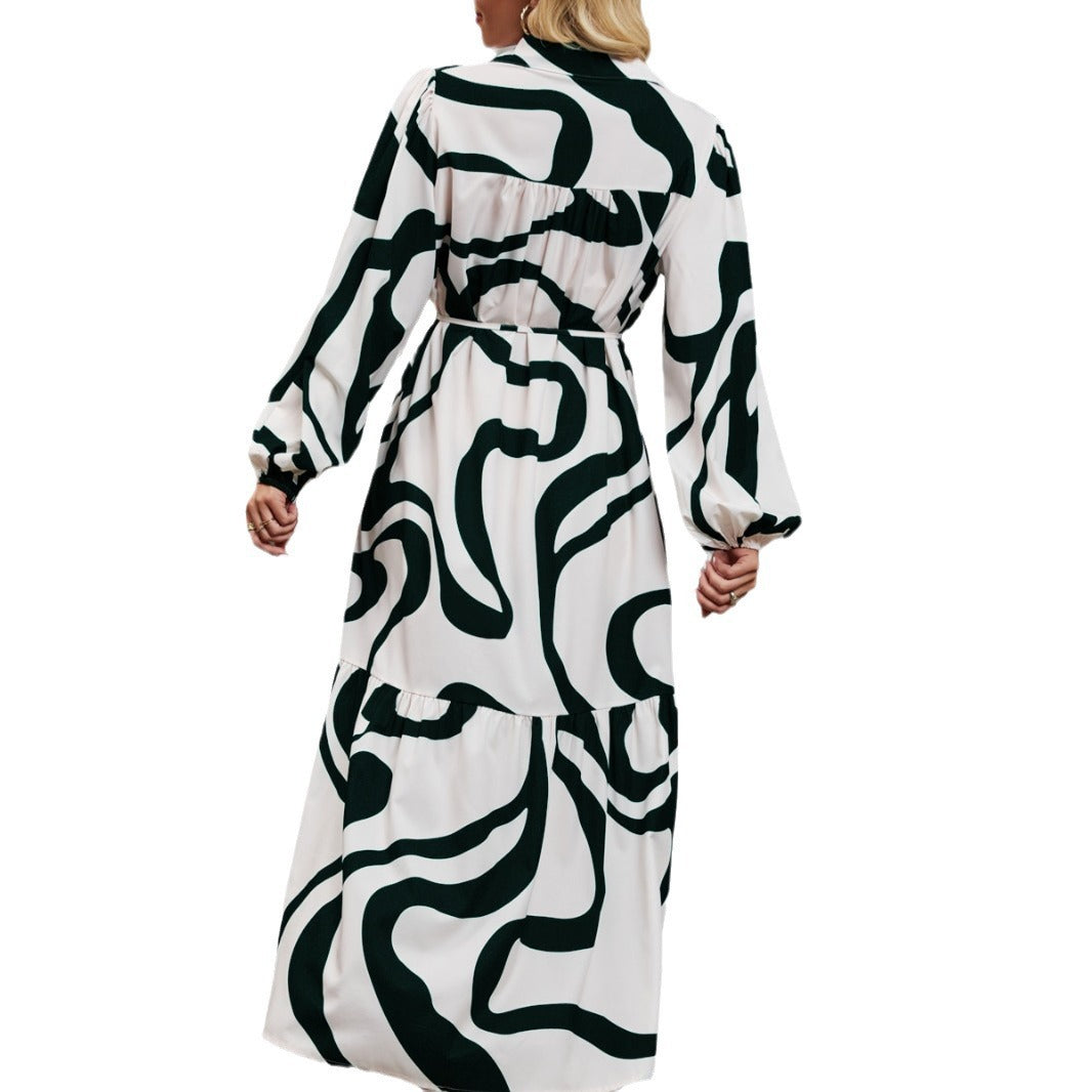 Damen Langarm Kleid mit raffiniertem Grafikdesign und elegantem Taillengürtel R&B