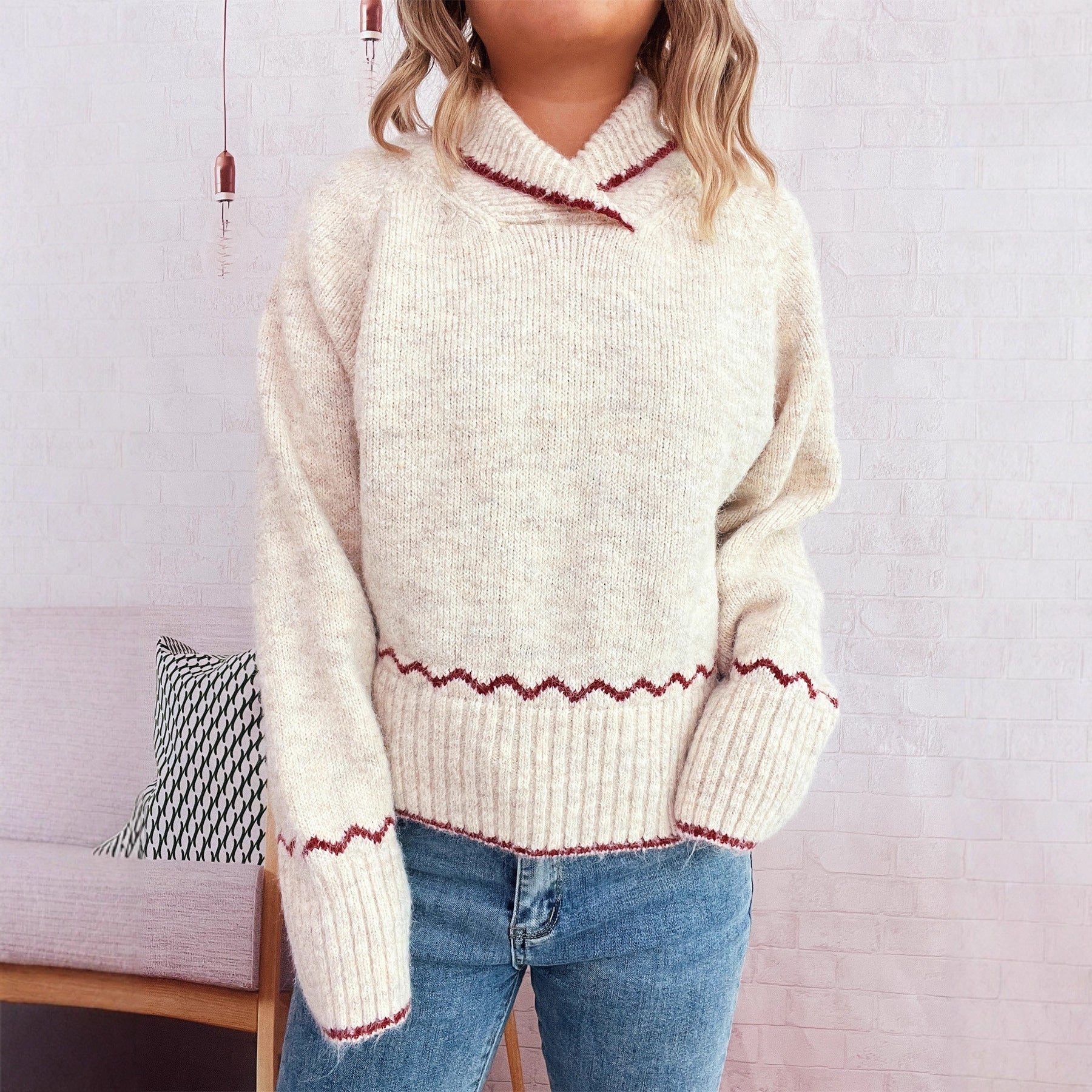 Damen lässiger Strickpullover mit modischem Kragen und fransigen Akzenten R&B