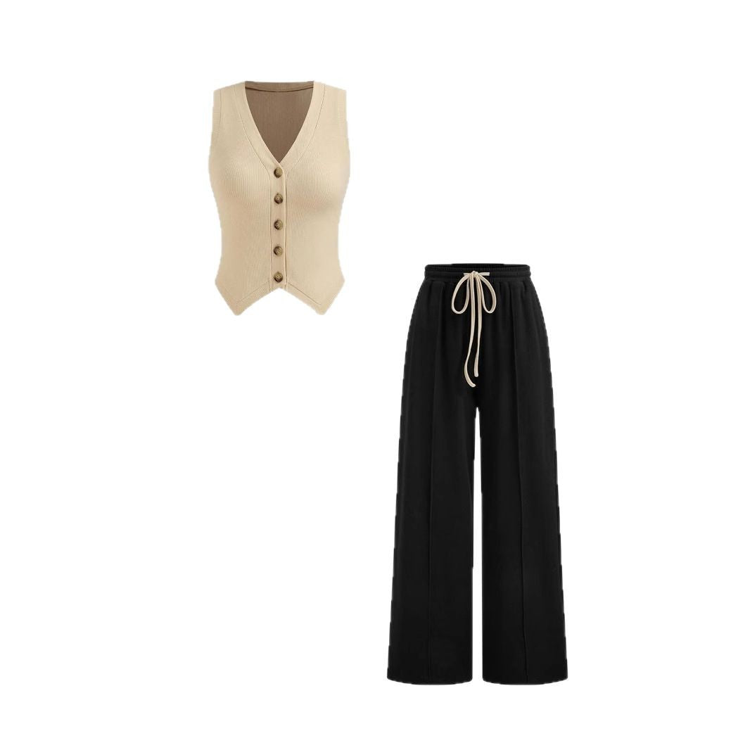 Damen lässiges Knopf-Top mit weitem Hose R&B