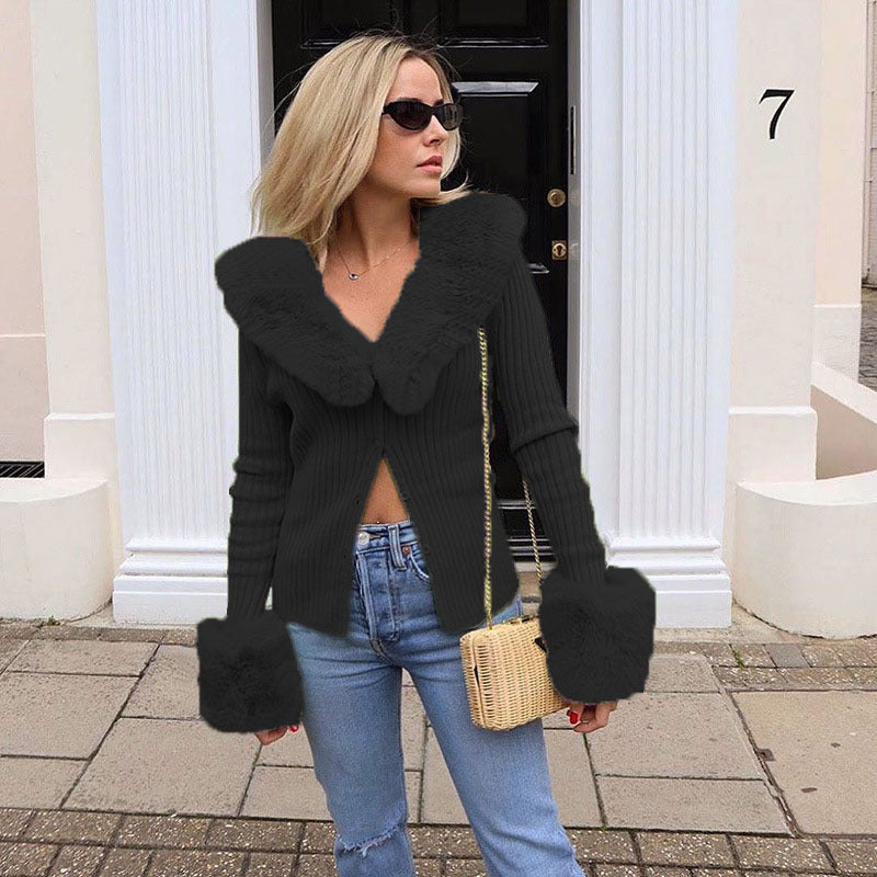 Damen Strickjacke mit luxuriösem Pelzkragen und modischen Puffärmeln R&B