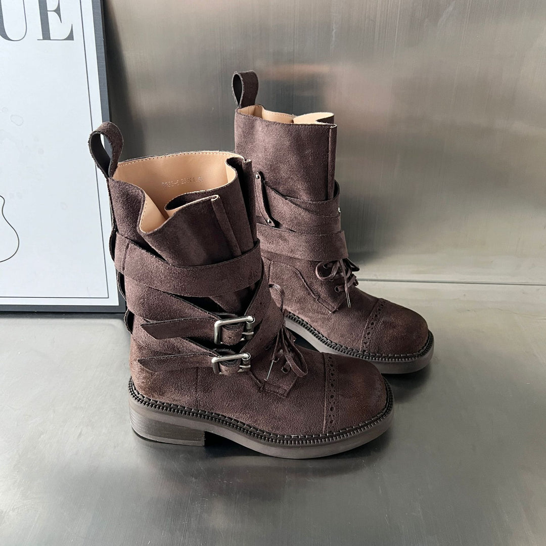 Damen elegante Stiefel mit modischen Schnallen und verstellbaren Riemen R&B