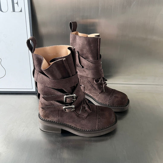 Damen elegante Stiefel mit modischen Schnallen und verstellbaren Riemen R&B