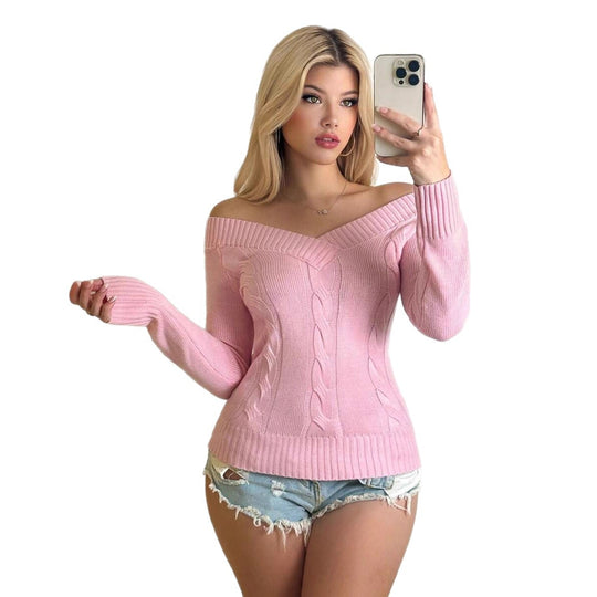 Damen Off-Shoulder Strickpullover mit Zopfmuster R&B